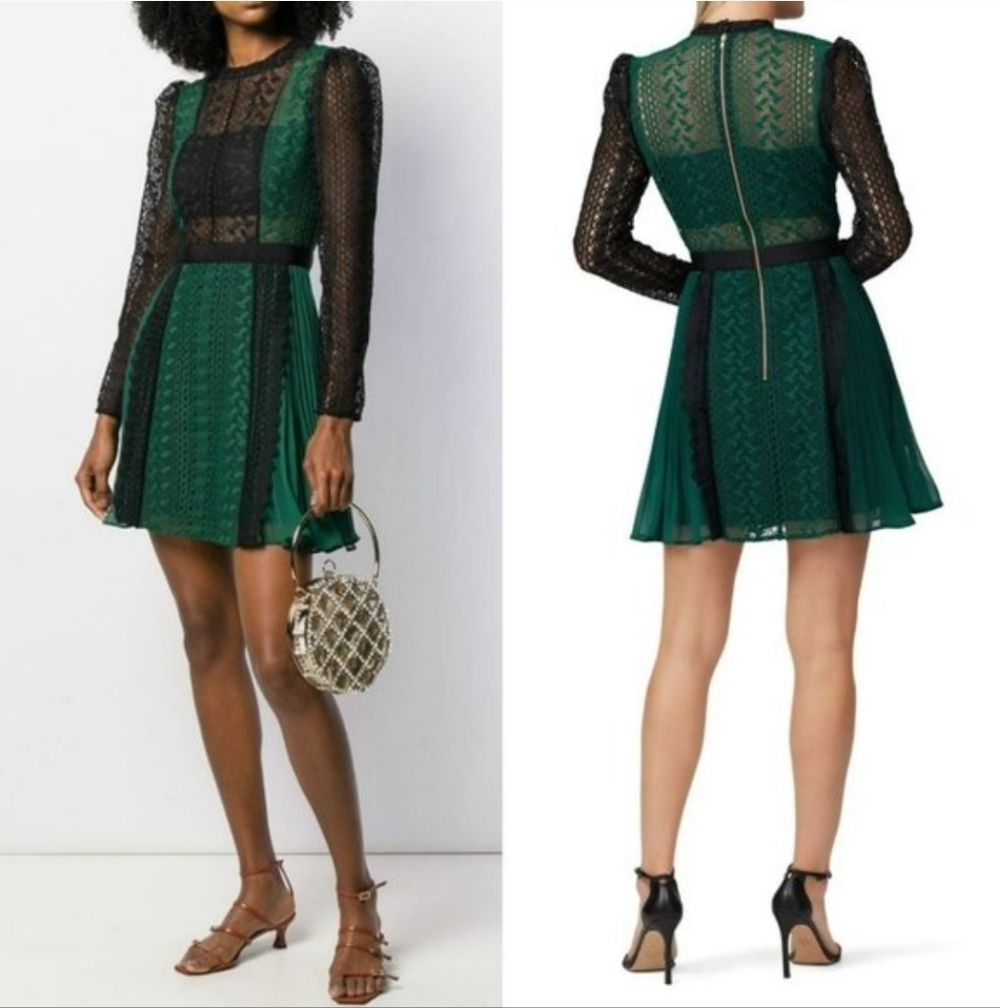 Self-Portrait Green and Black Guipure Lace Pleated Chiffon Mini Dress Size 4